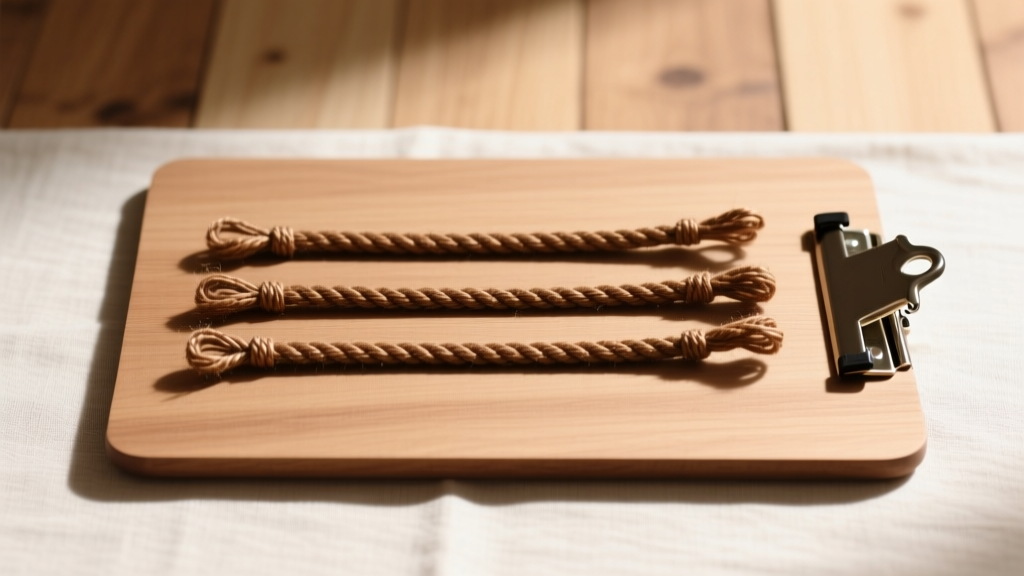 Top-down view of a wooden clipboard holding four strands of natural brown waxed hemp cord, ready for macrame necklace knotting.