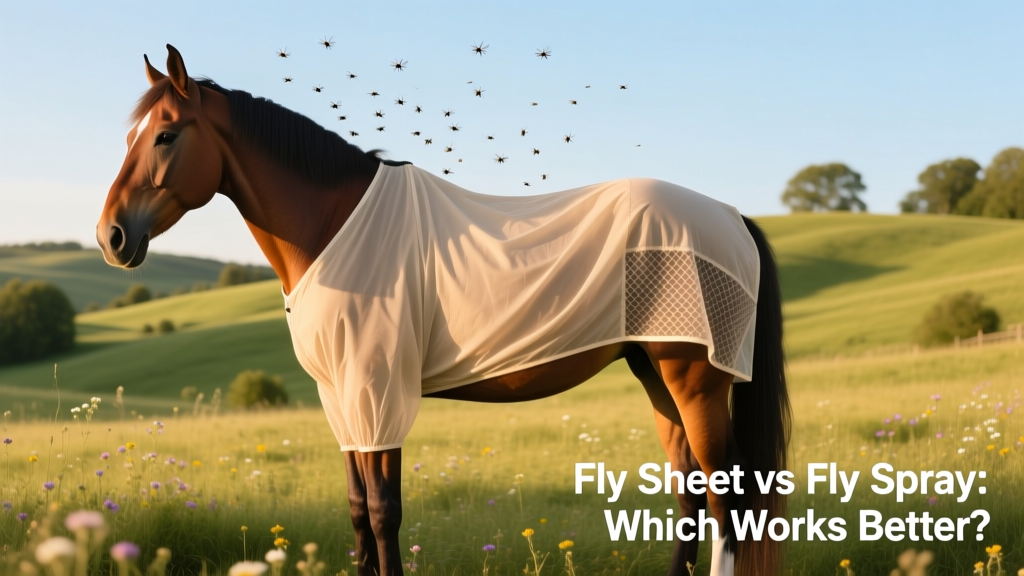 Horse wearing a lightweight fly sheet in a sunny pasture, with flies buzzing nearby but not landing
