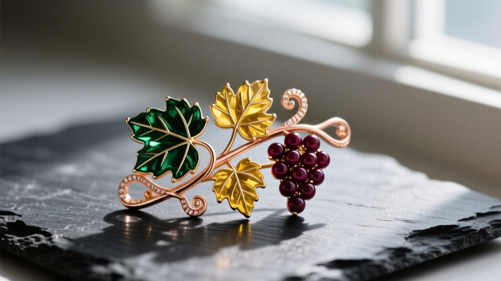 Close-up of a Stamper Black Hills gold jewelry brooch featuring tri-color grape leaves and rose gold vines resting on dark slate