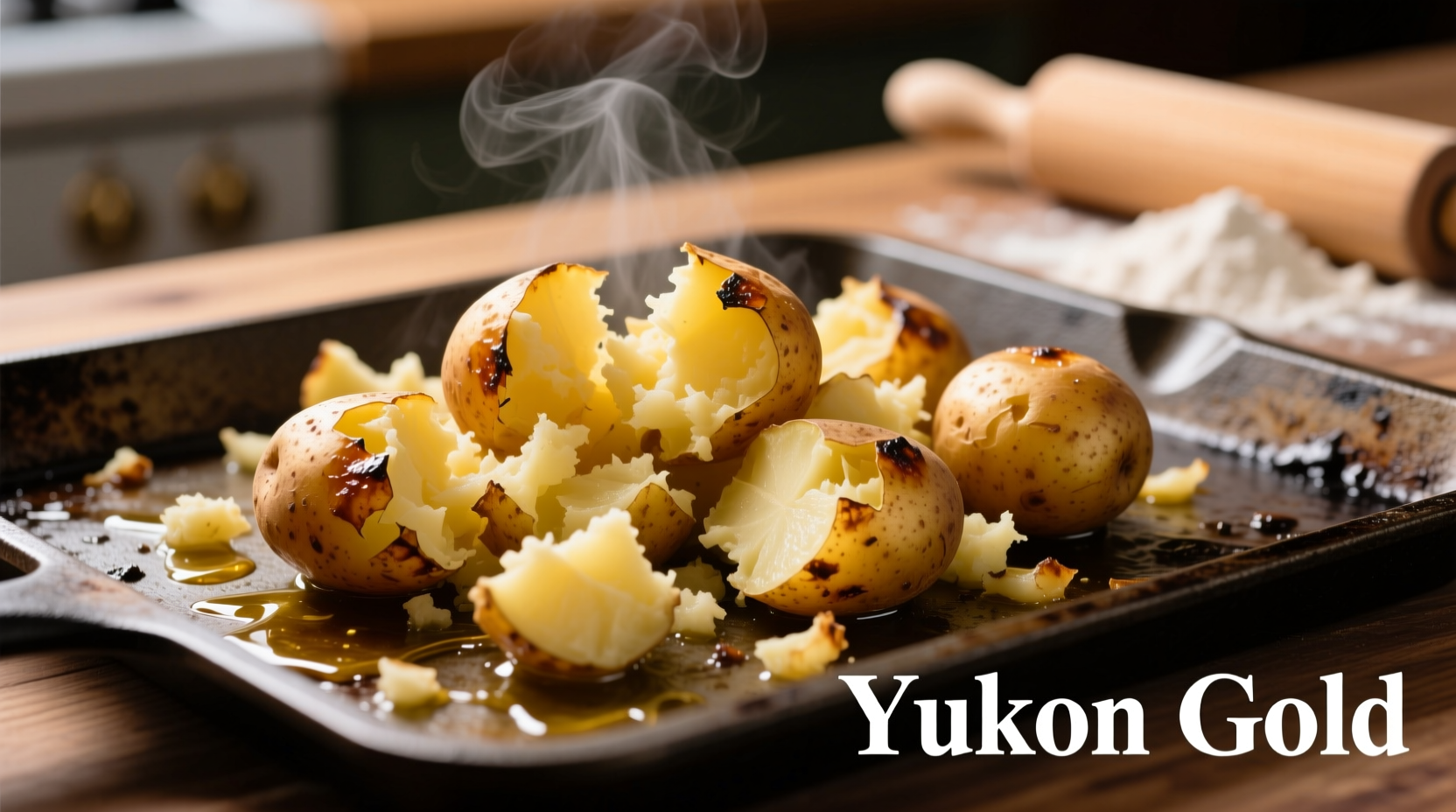 Perfectly smashed Yukon Gold potatoes on baking sheet