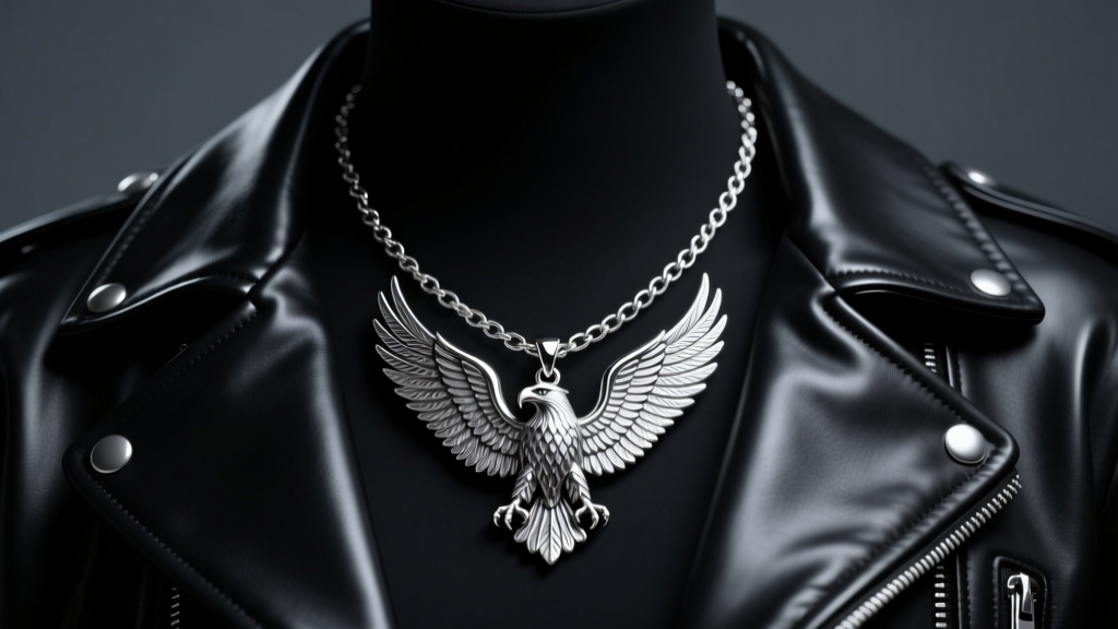 Detailed silver eagles chain necklace with wingspan pendant resting on a black leather jacket collar under moody studio lighting