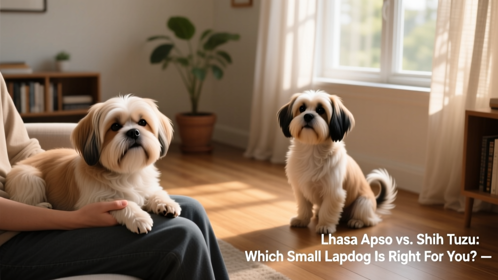 A relaxed Shih Tzu resting on a lap and a watchful Lhasa Apso sitting upright near a window