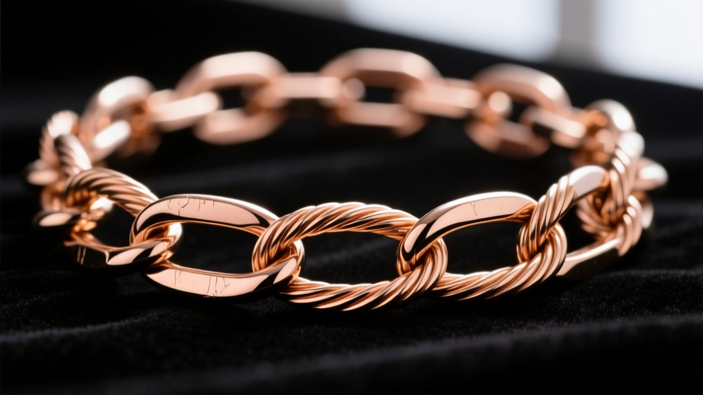Macro view of 14k rose gold plated oval cable chain links showing interlocking joints on dark velvet, detailed metal texture