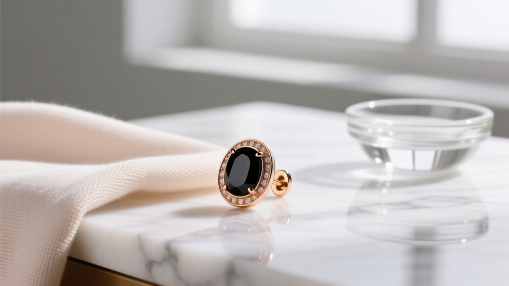 Soft microfiber cloth gently wiping an 18k rose gold and onyx earring on a white marble surface with a small glass bowl nearby