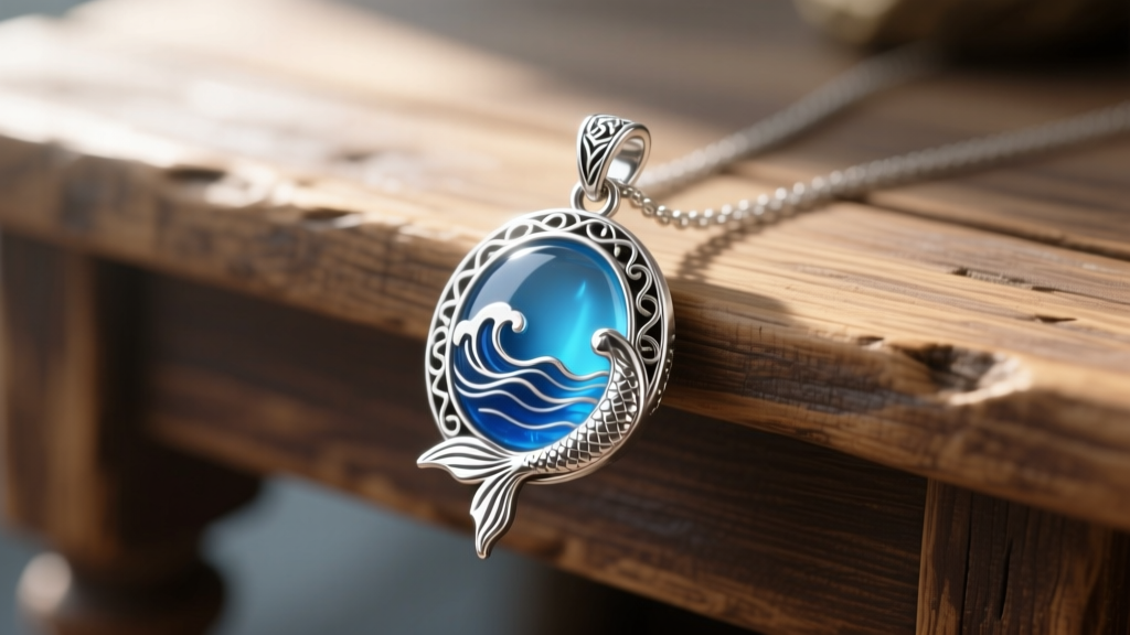 Macro shot of a 925 sterling silver Stardew Valley mermaid pendant with blue resin inlay, resting on a rustic wooden desk.