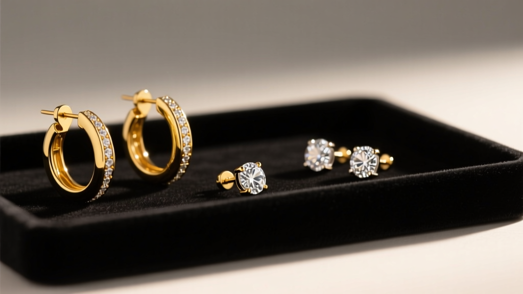 Close-up of a luxury jewelry display featuring 14k and 18k yellow gold hoop earrings and studs, bathed in warm studio lighting.