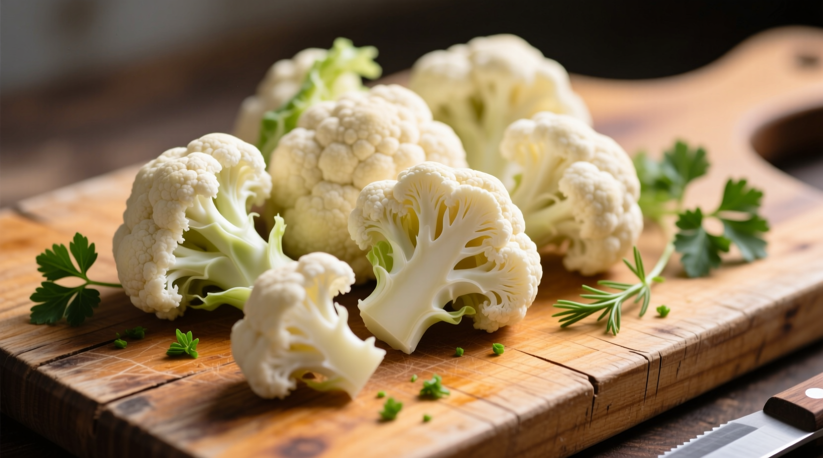 Cauliflower florets on wooden cutting board