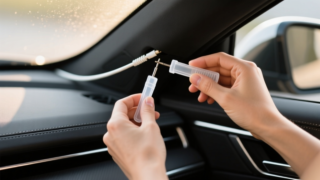 Close-up of hands using a plastic trim removal tool to tuck a dash cam power cable into the headliner of a modern car interior.