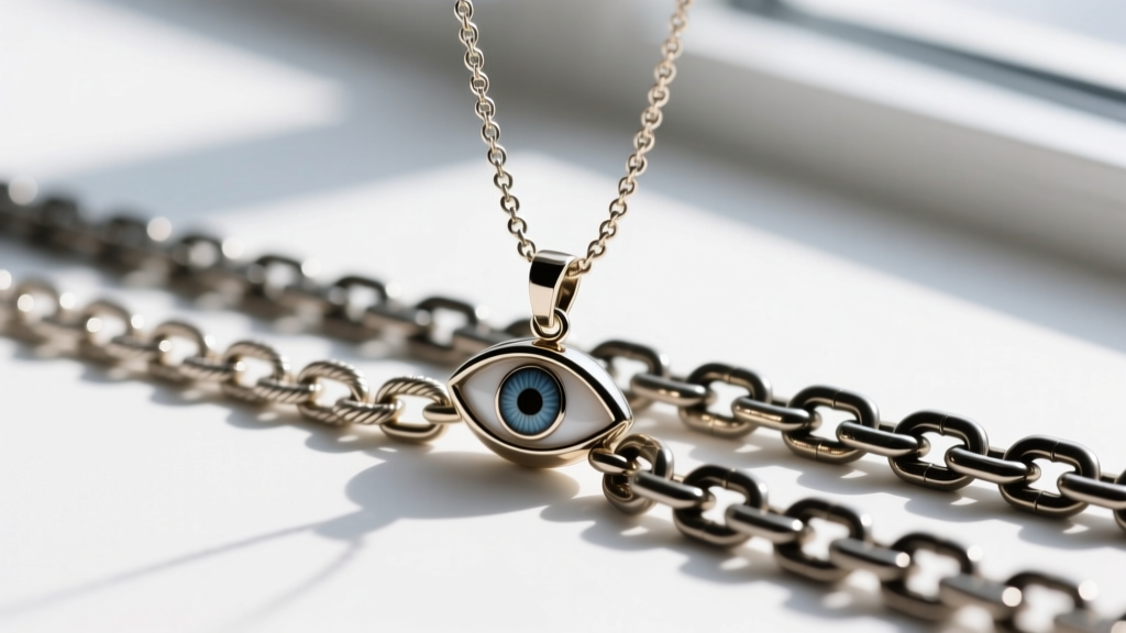 Macro photography comparing a delicate 1.0mm cable chain and a thicker 2.5mm curb chain used in layered evil eye pendant setups