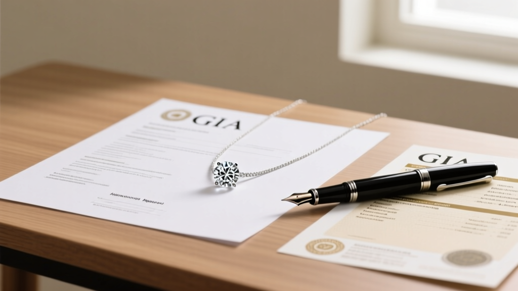 Jewelry insurance appraisal document on a desk next to a solitaire diamond pendant necklace, a pen, and a GIA grading report