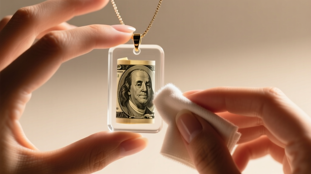 Hands using a microfiber cloth to gently polish an acrylic money pendant encasing a folded banknote under warm studio lighting
