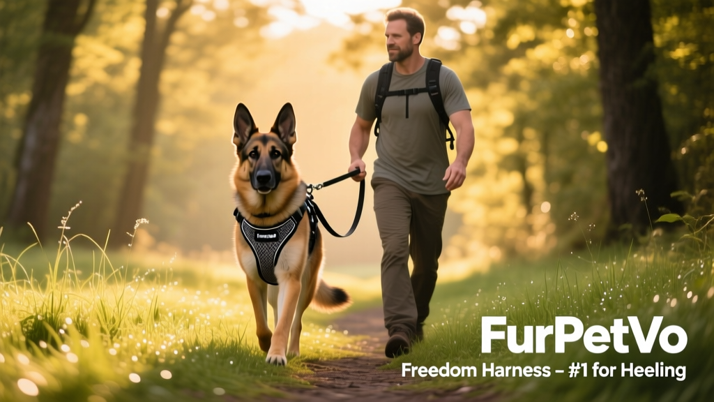 A confident German Shepherd wearing the FurPetVo Freedom Harness, walking attentively beside its owner on a grassy trail