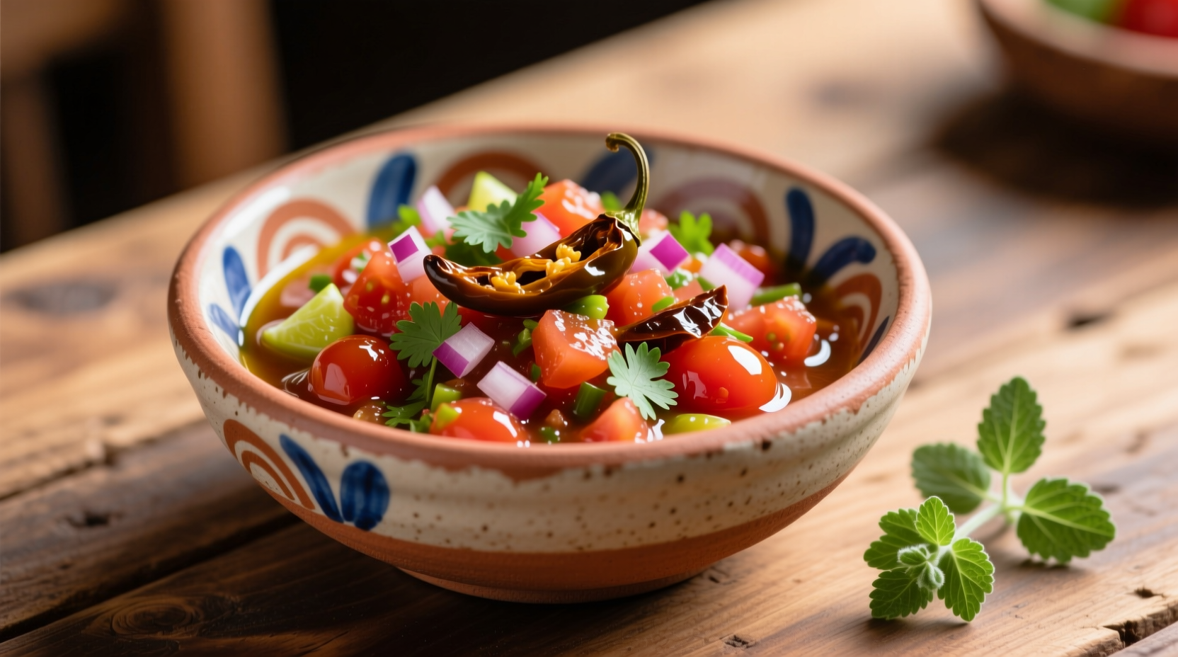 Freshly made chipotle tomato salsa in ceramic bowl