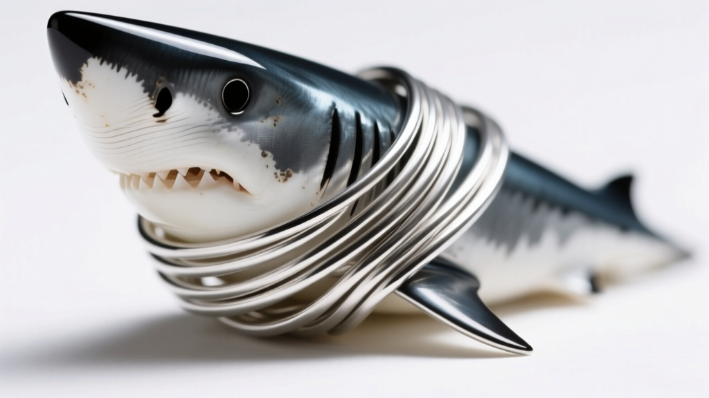 Close-up of 20-gauge sterling silver wire tightly wrapped around the base of a mako shark tooth, showing precise looping technique