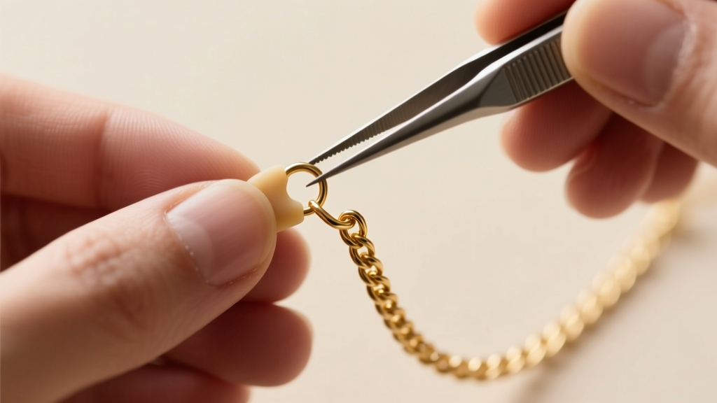 Jeweler using tweezers to slide a 3mm silicone clasp cover over a 4mm soldered jump ring on a delicate gold cable chain.