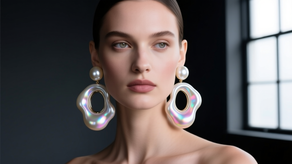 High-fashion editorial portrait of a model wearing massive 20mm baroque pearl drop earrings against a moody, dark studio backdrop.