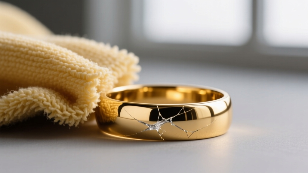 Close-up of a polishing cloth buffing a scratched 14k gold band, revealing a smooth, highly reflective and pristine metal surface.