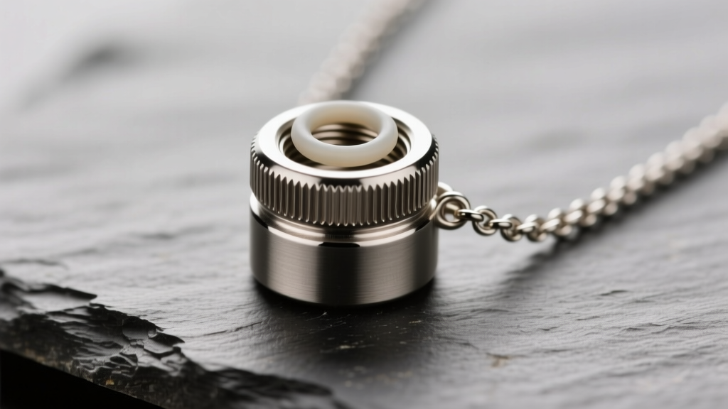 Macro shot of a brushed titanium container necklace on slate, highlighting the threaded cap and small silicone O-ring seal.