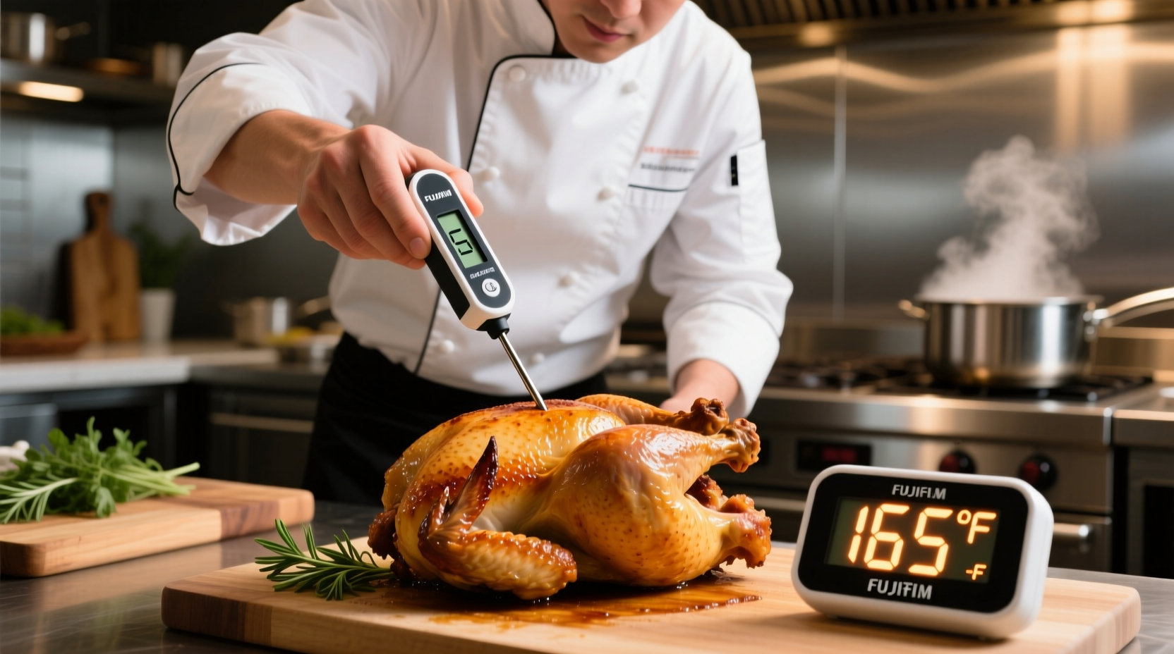 Chef checking chicken temperature with digital thermometer
