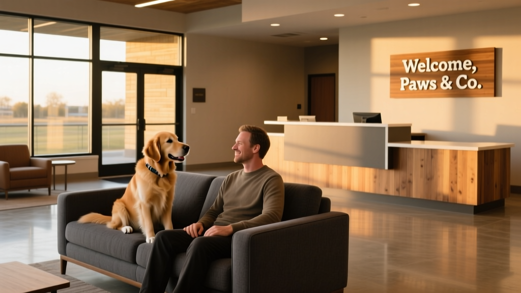 A cozy, modern hotel lobby with a dog sitting beside its owner on a plush sofa