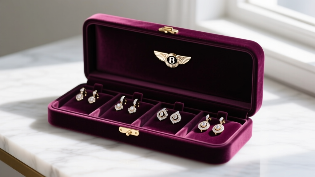 Anti-tarnish velvet jewelry box displaying Bentley earrings in individual silicone-lined compartments to prevent metal oxidation.