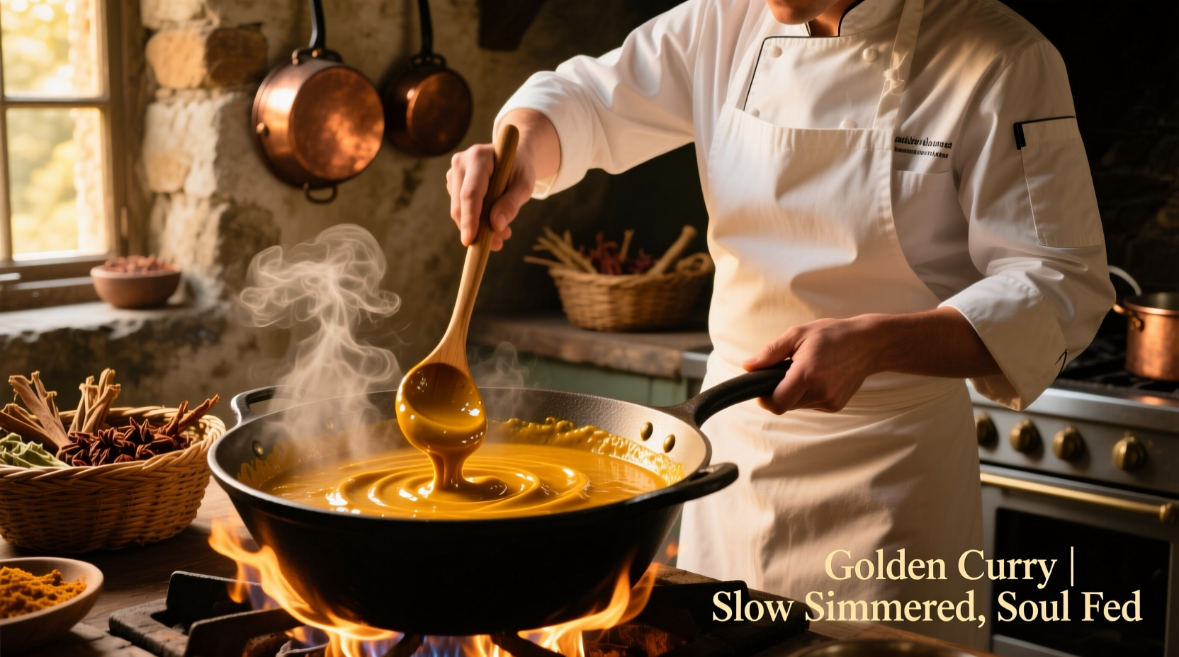Chef stirring golden curry sauce in cast iron pot