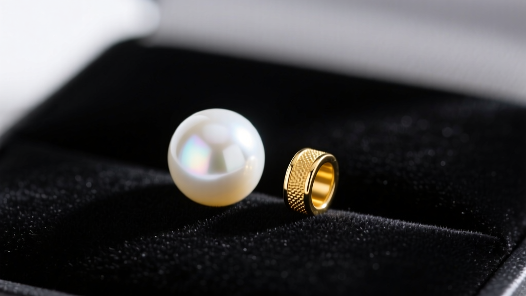 Macro photography of a single 7mm white Akoya pearl and a 14k yellow gold spacer bead resting on a dark velvet jeweler's tray.