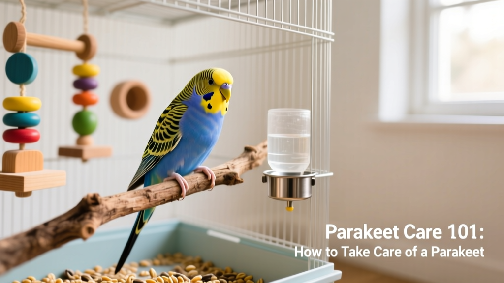 A vibrant blue and yellow budgie perched on a natural wood branch inside a spacious, clean cage with toys and fresh water