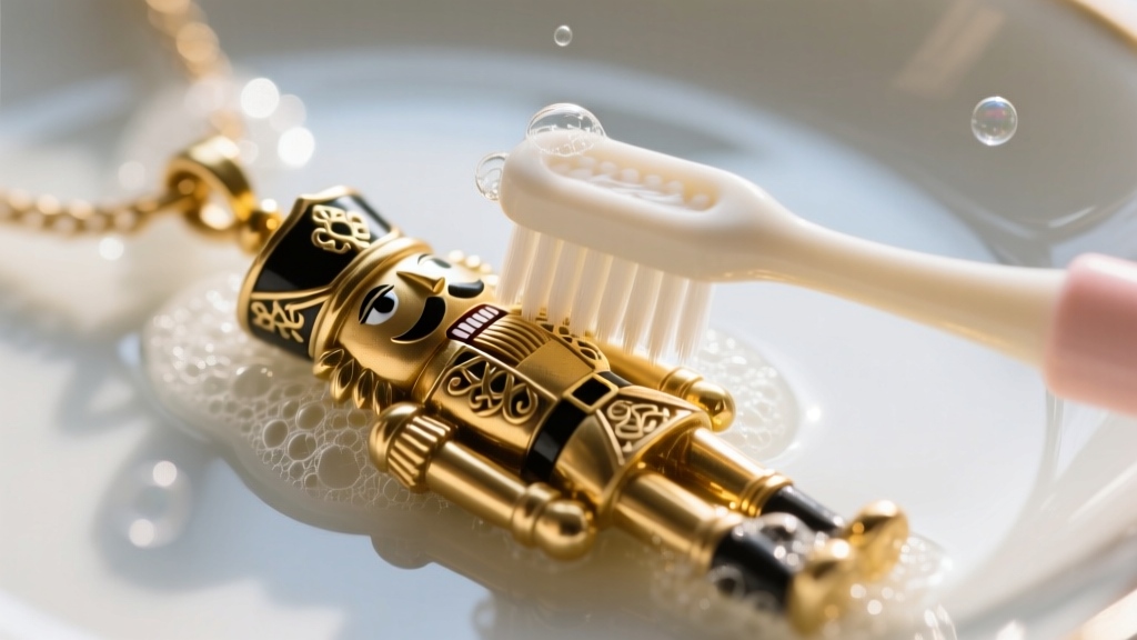 A soft baby toothbrush gently scrubbing the brass epaulet details of a vintage gold nutcracker pendant in soapy water