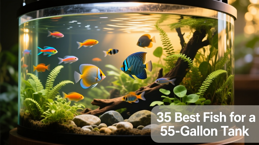 A vibrant 55-gallon freshwater aquarium with multiple fish species swimming peacefully among live plants and natural decor