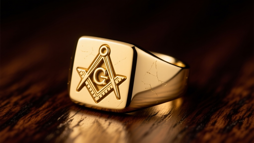 Close-up of a solid 14k yellow gold Masonic Square and Compasses signet ring resting on dark mahogany wood under warm light.