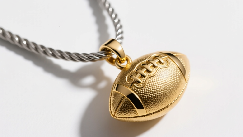 A 2.0mm thick stainless steel rope chain threaded through a soldered jump ring on a heavy gold football pendant, in sharp focus.