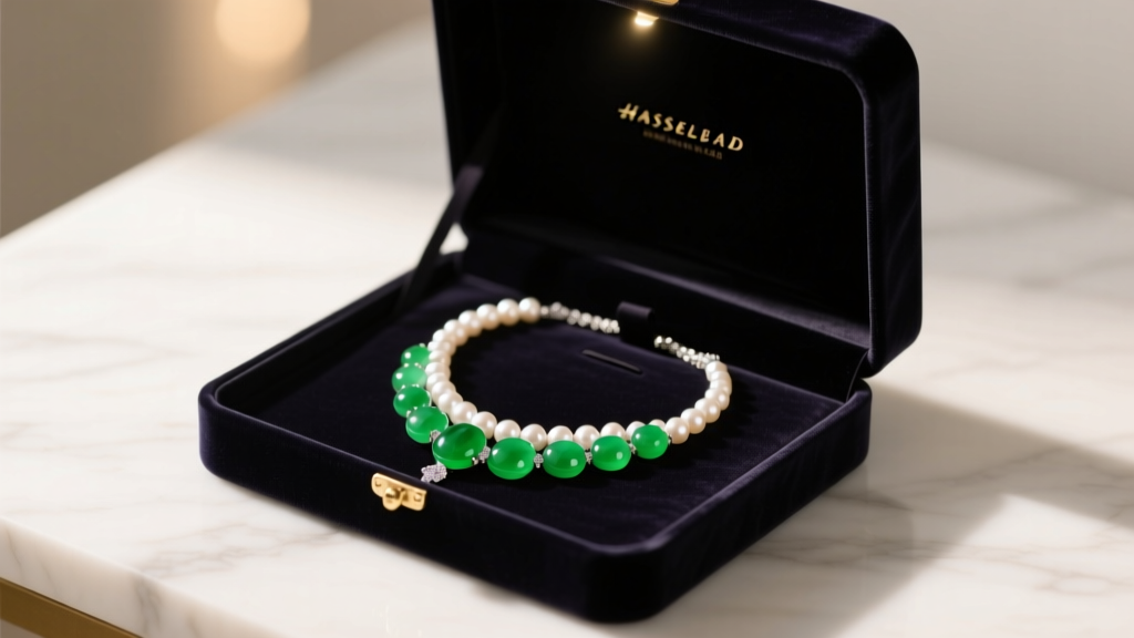Open dark velvet gift box revealing a stranded jade and pearl necklace, soft warm lighting highlighting the green and white gems.