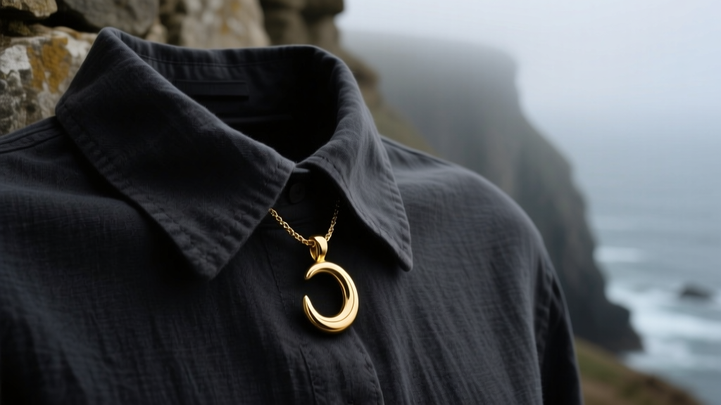 Close-up of a matte 14k solid gold J-hook pendant resting on a dark linen shirt collar under moody, shadowed coastal lighting