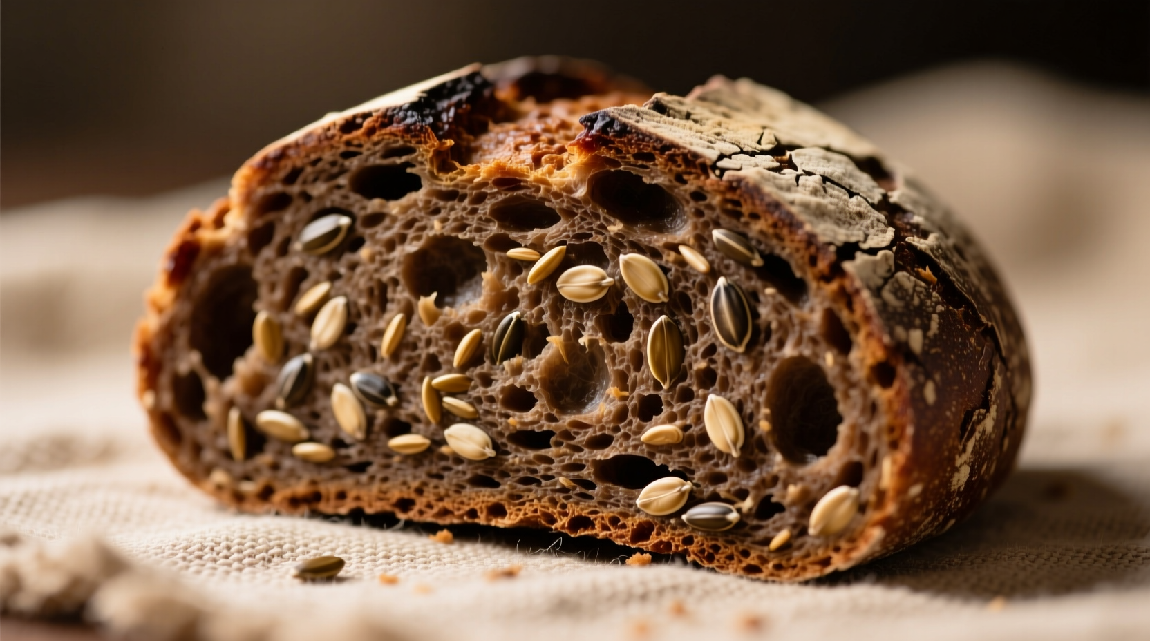 Slice of dark rye bread with visible grain texture