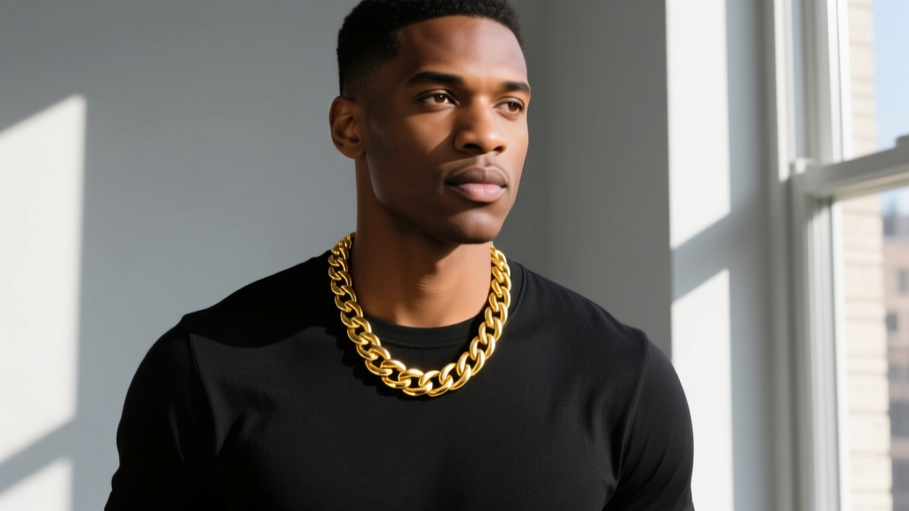 Man wearing a 20-inch 4mm 14k yellow gold Cuban link chain resting on his collarbone over a black t-shirt in natural light