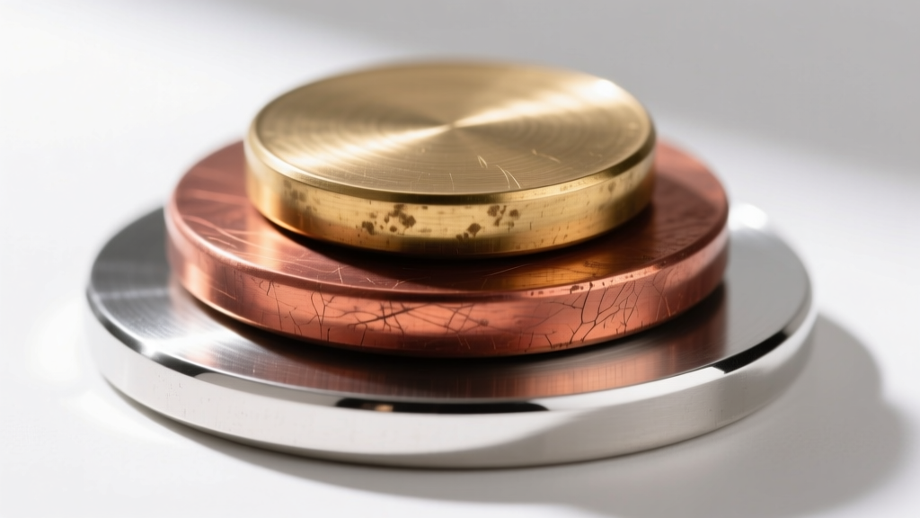 Close-up macro shot of three stacked metal discs showing brass, copper, and polished sterling silver, highlighting grain and patina.