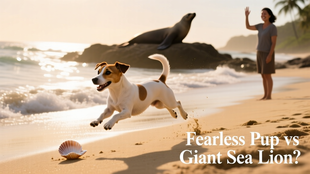 A joyful Jack Russell Terrier mid-play on a sunlit beach, tail wagging, with gentle waves rolling nearby — illustrating safe, supervised seaside fun