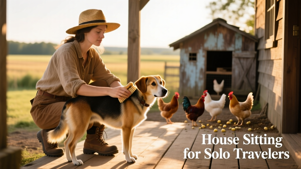 A solo woman in practical outdoor clothing gently brushing a gentle-looking dog on a sun-dappled farm porch, with chickens visible in the background