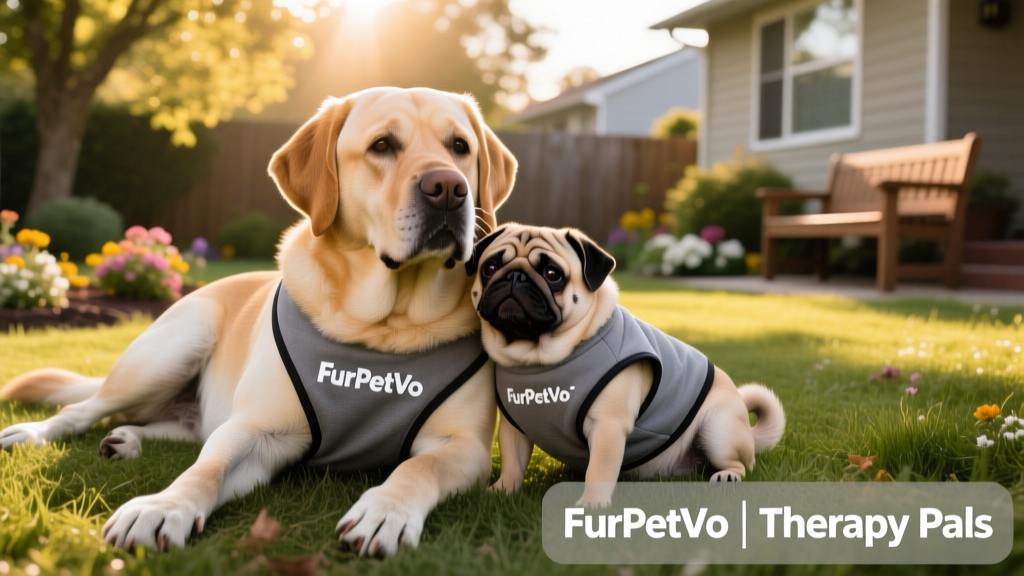 a large dog lying next to a pug, both wearing FurPetVo merchandise