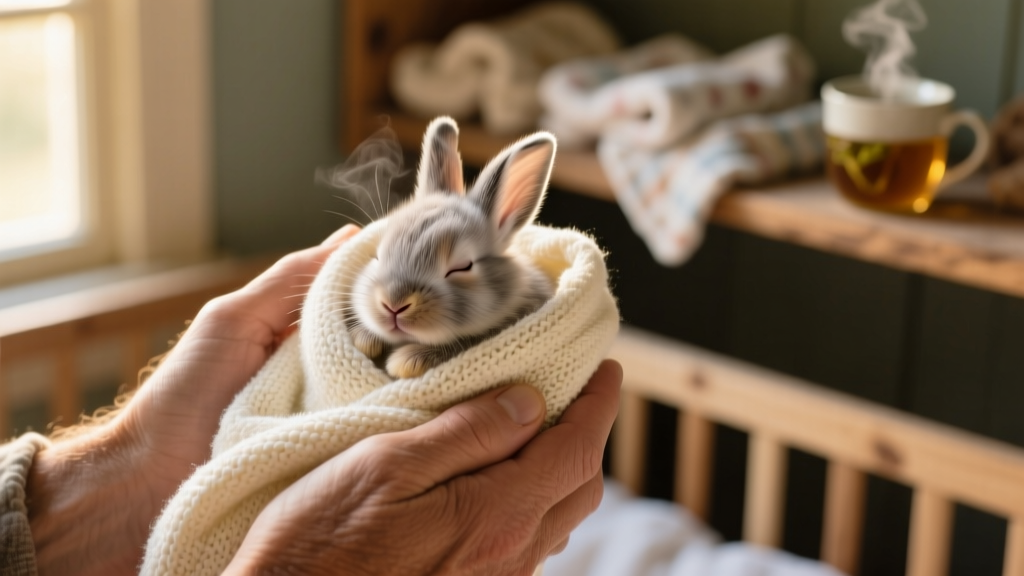 Close-up of a person’s hands cradling a newborn bunny wrapped in a soft, warm towel