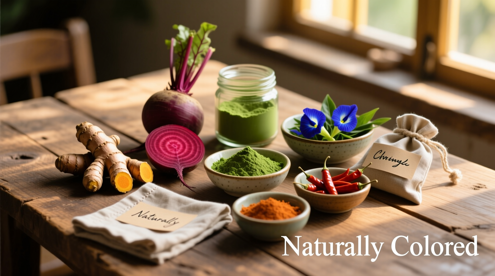 Natural food coloring ingredients on wooden table
