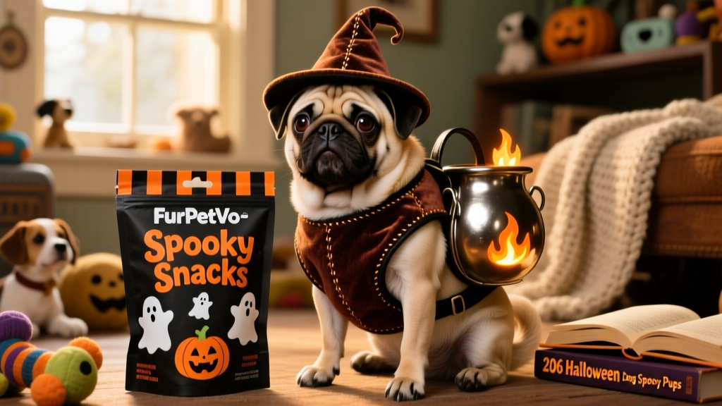 A costumed pug wearing a miniature cauldron-shaped backpack, sitting beside a FurPetVo-branded treat bag labeled 'Spooky Snacks'