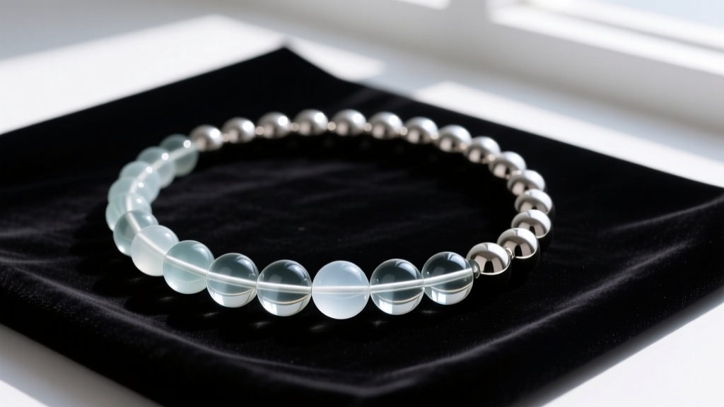 Flat lay of a high-end borosilicate glass and titanium bead necklace on black velvet, showcasing graduated spherical shapes