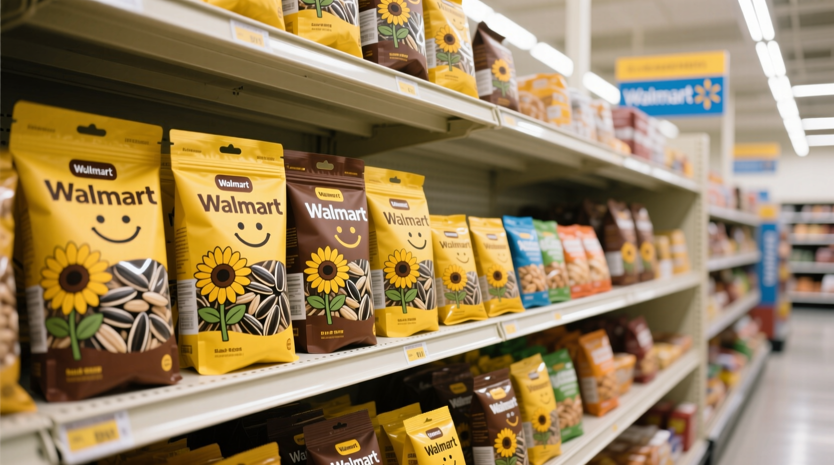 Various sunflower seed packages displayed on Walmart shelf