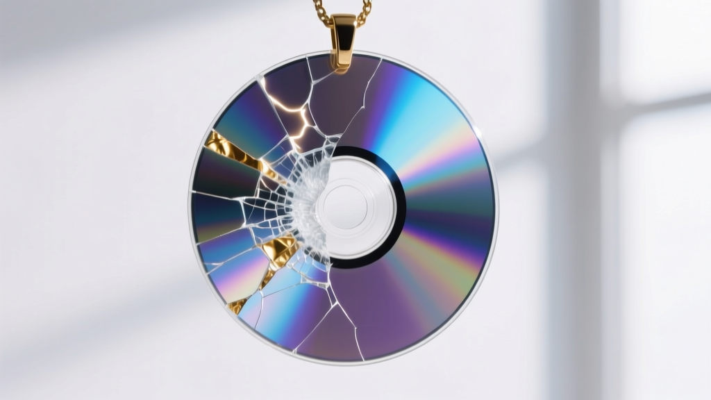 Macro shot of a cracked iridescent foil layer on a repurposed CD pendant showing the clear polycarbonate plastic base beneath.