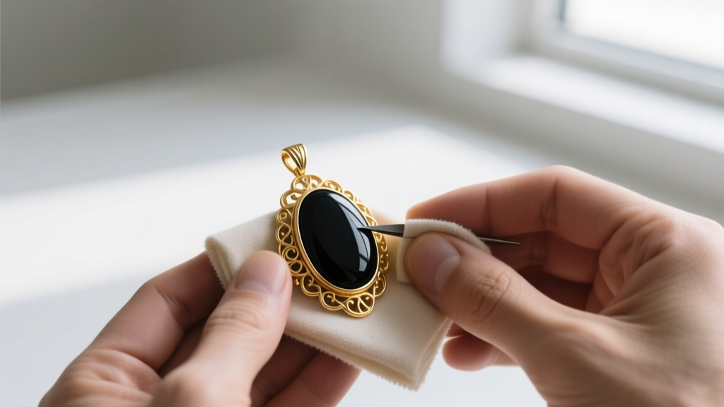 A jeweler using a soft microfiber cloth to gently polish the gold bezel of an onyx VCA motif pendant, avoiding the porous stone.