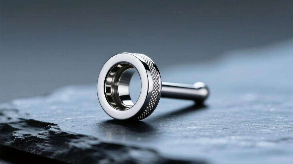 Macro photo of an 18-gauge ASTM F136 implant-grade titanium flat-back labret post with a mirror finish resting on dark slate.