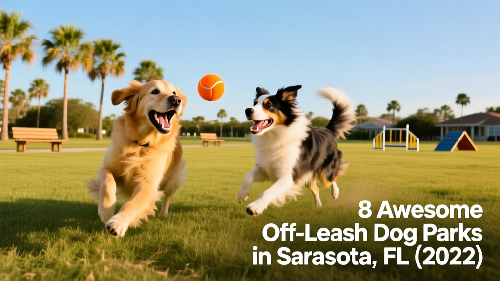 Two dogs playing fetch together on a wide, grassy field bordered by palm trees and a blue sky