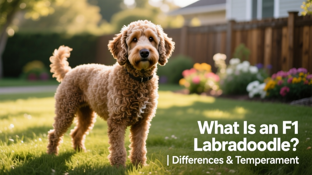 A friendly, medium-sized F1 Labradoodle standing on grass, showcasing its wavy coat and expressive eyes